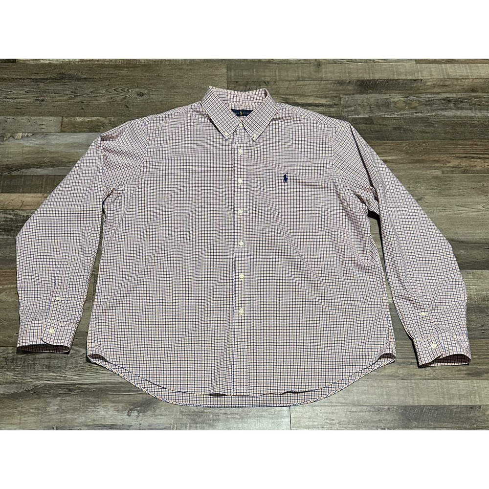 Polo Ralph Lauren Mens Button Up Shirt 2XL Blue White Orange Plaid Down‎